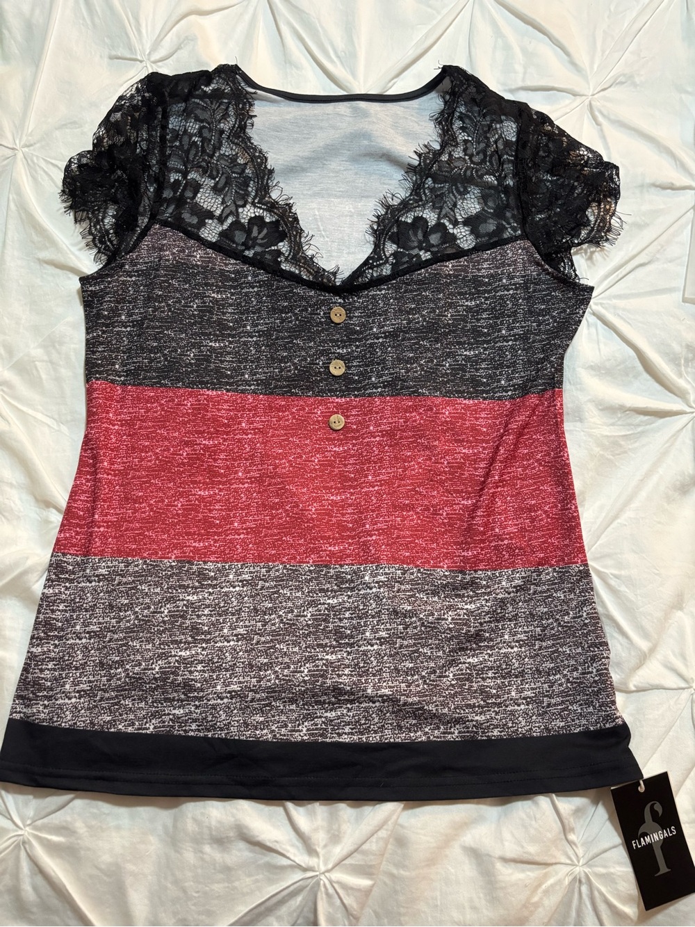 Flamingals Striped Lace-Trim Short Sleeve Tee — Red & Black
